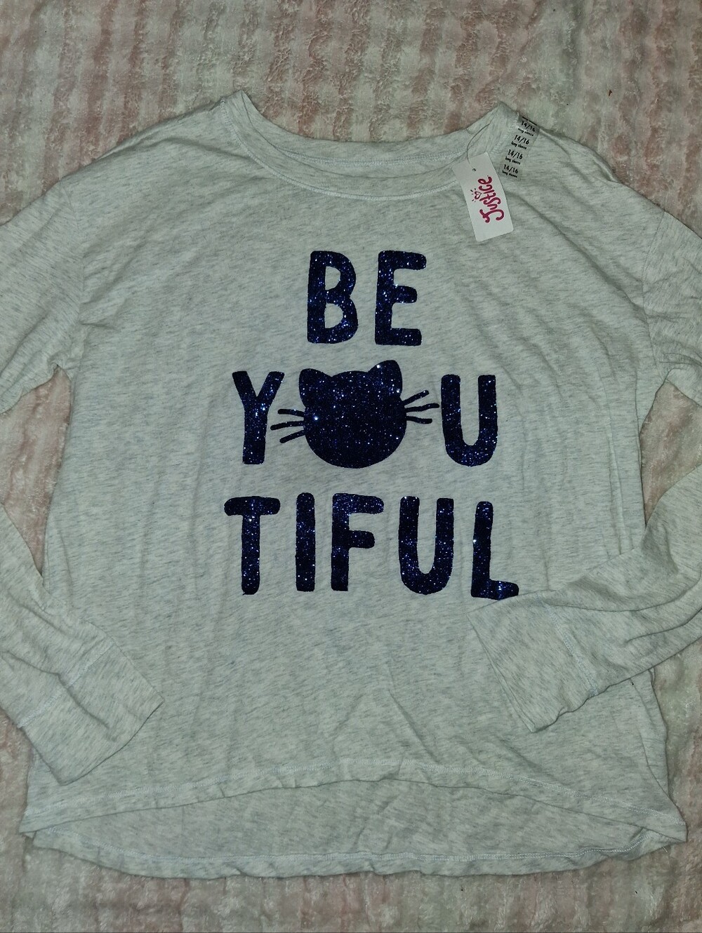 Justice Light Gray Long Sleeve Top with Navy Glitter 'BeYOUtiful' Cat Graphic
